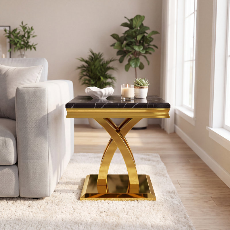 Table de bout noire et dorée avec base polie en forme de X
