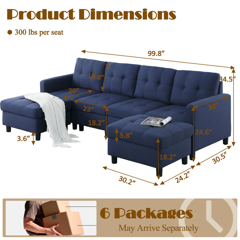 Kentrell 6-Piece Upholstered U-Shape Sectional Sofa With Ottoman, Blue
