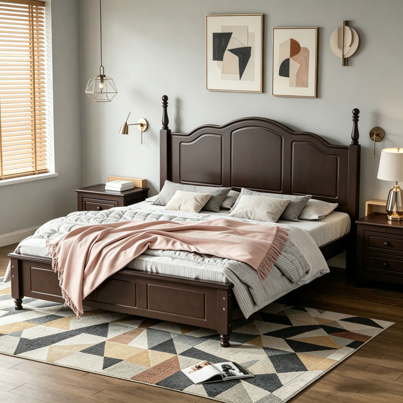 Queen Size Wood Platform Bed Frame, Dark Walnut, Queen