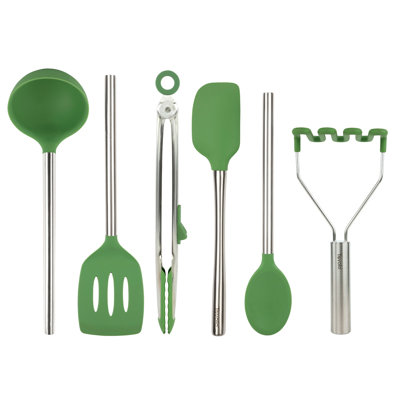 Tovolo Silicone Cooking Utensil Set of 6 with Stainless Steel Handles and Ladle, Pesto