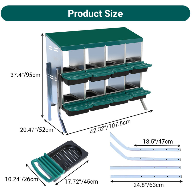 Boîte de nidification pour poulets, boîte de nidification pour poulets à 8 trous, nichoirs roulants en acier galvanisé avec couvercle et pieds, nichoirs pour poules pondeuses, vert