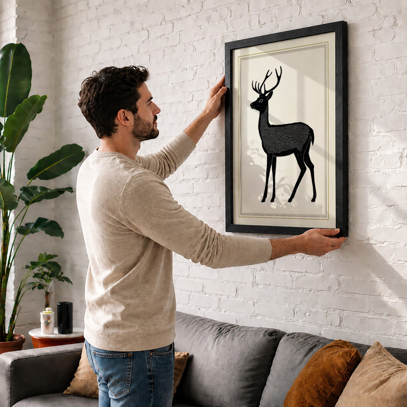 Silhouette Deer Minimalist - Framed Print, A1 - 84.1 x 59.4 cm, Oak