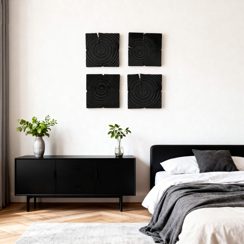 4 Pack Black Wood Tree Ring Wall Art, Rustic Farmhouse Wall Decor, Handmade Pine Wood Wall Hanging Panels, Modern Minimalist Wooden Wall Sculpture For Living Room Bedroom Entryway Office, 7"x7" Each