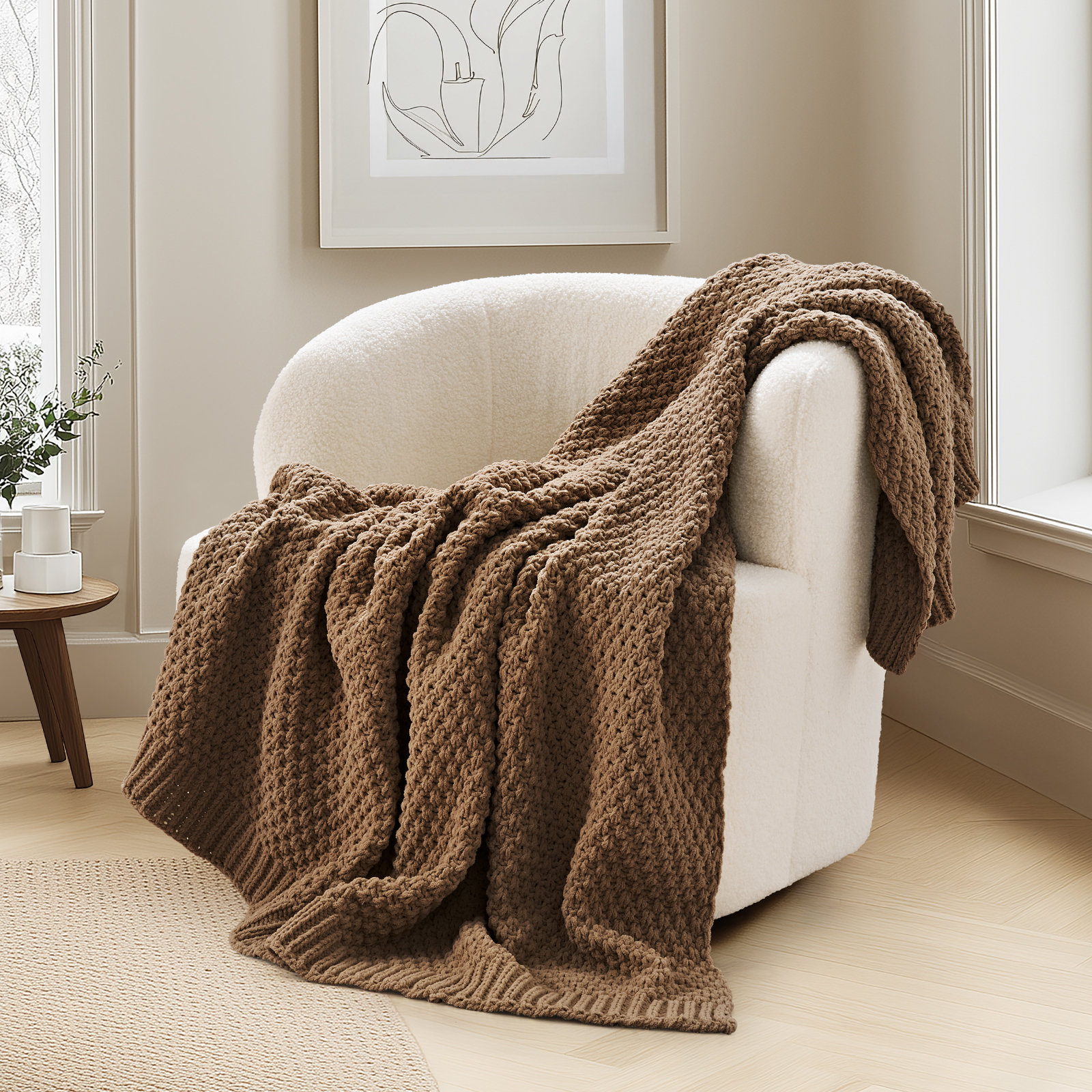 Chunky Chenille Weighted Throw Blanket, 60" L x 50" W, Camel Brown