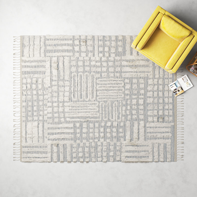 Benjamin Geometric Hand Knotted Ivory/Sky Area Rug, Rectangle 8'6" x 11'6"