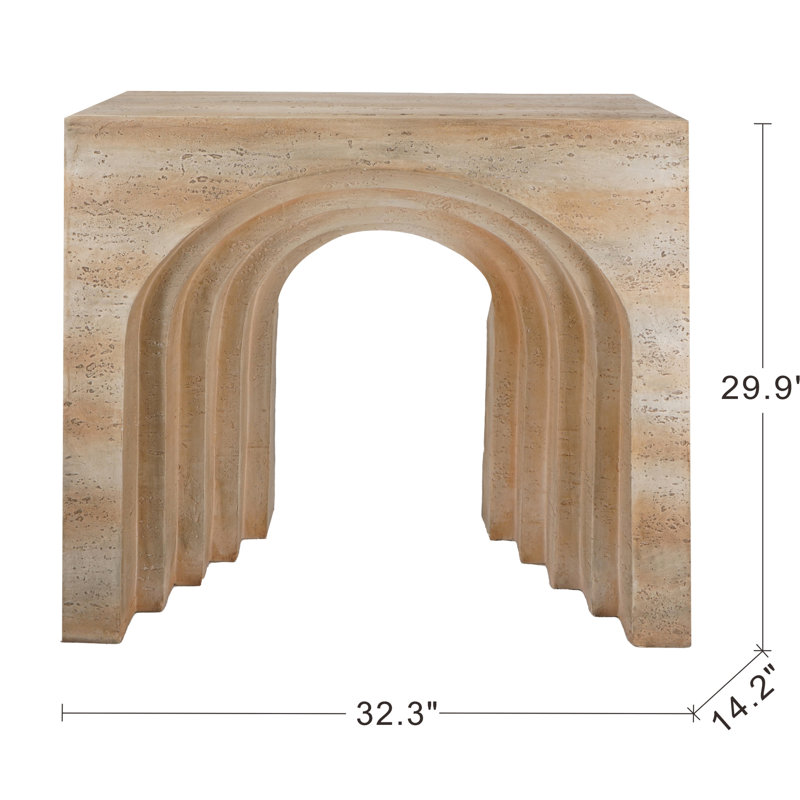 Console moderne arquée avec finition beige imitation bois, 82 x 36 x 76 cm, idéale pour les espaces de vie, légère et facile à déplacer.