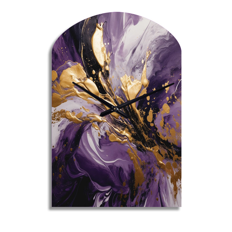Mauve et or liquide Magic II - horloge asymétrique abstraite en métal, horloge murale mauve, Moyenne