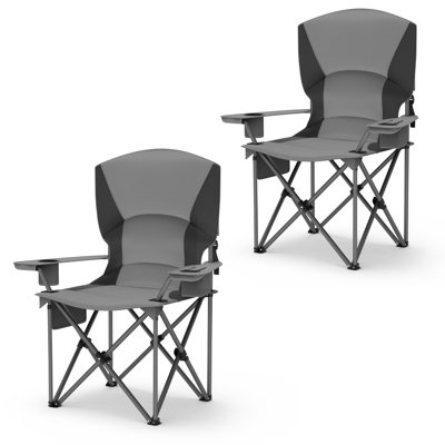 Ensemble de 2 chaises de camping pliables, 450 lb, avec dossier et accoudoirs rembourrés, porte-gobelet et poche latérale, sac isotherme et sacs de transport pour les activités de plein air, noir et gris
