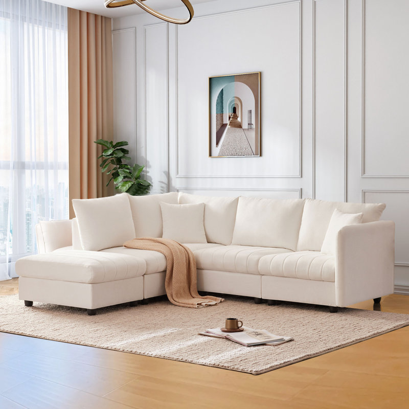 Dinnigan Upholstered L-Shaped Sectional, White Linen