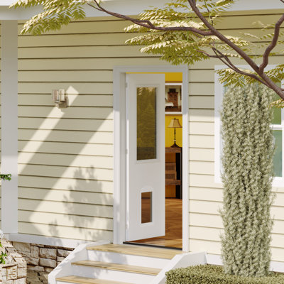 Entry Door Slab With Frame & Threshold – 1-Lite Clear Glass, Magnetic Pet Door, White Primed Solid Wood