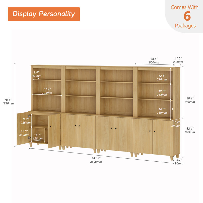 Lysiane 71 Inches Tall Bookcase With Doors, 5-Tier Bookshelf With Storage Cabinet For Home Office, Living Room, 142" Wide, 4 Column
