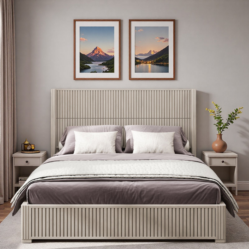 Lit plateforme en bois avec décoration grain de bois vertical, Beige, Grand lit