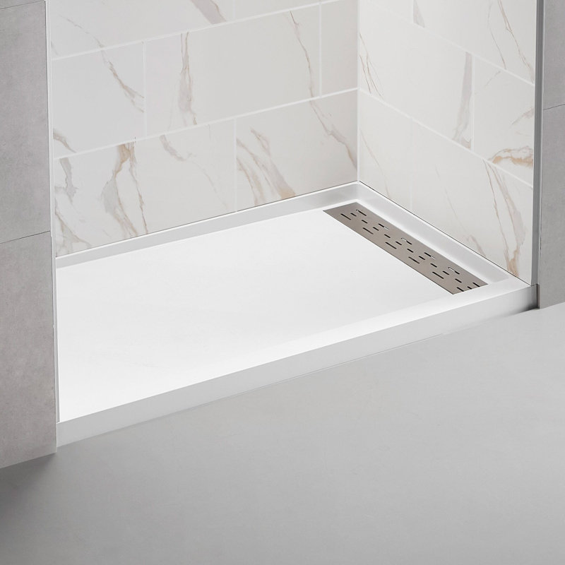 Base de bac de douche à seuil simple de 48 po x 32 po avec ensemble de drain à droite et couvercle de drain inclus, conception antidérapante