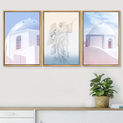 " Pastel Greek Architecture Angel Sculpture Coastal Nautical Photography Modern Art Seascape Relax " 3 - Pieces