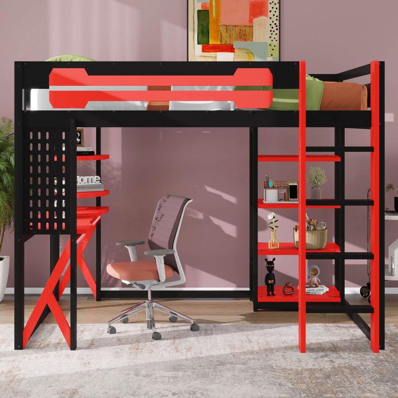 Lit mezzanine double en bois avec bureau intégré, tablettes, prise de courant et connectivité USB / Type-C, plus éclairage RVB