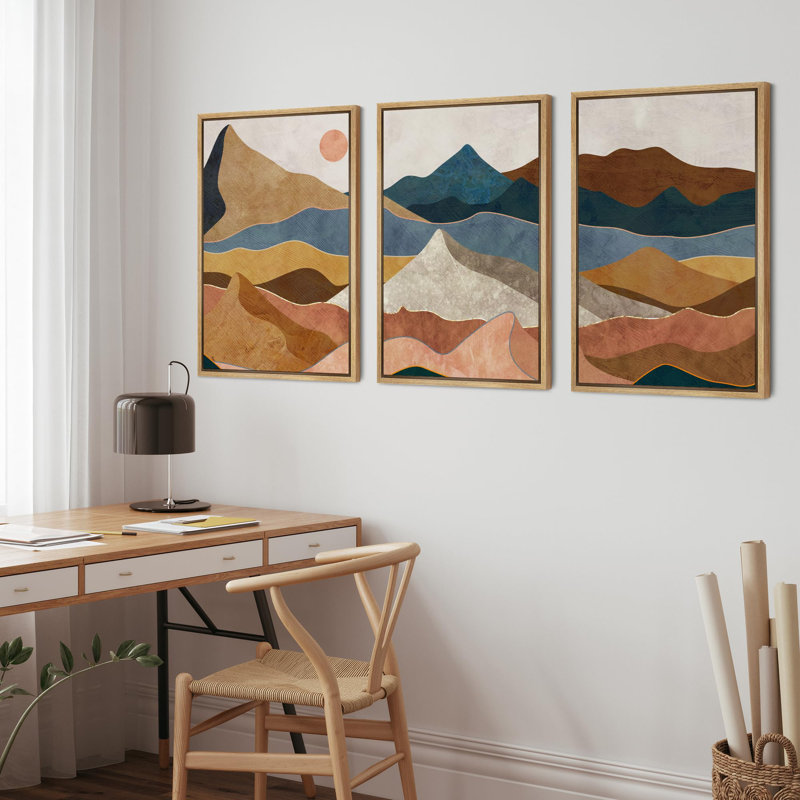 Abstract Mountain " Abstract Mountain Range Rustic Illustration Modern Art Decor Zen " 3 - Pieces, Naturel