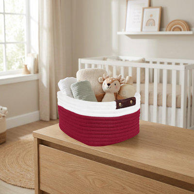Reva Collection 100% Cotton Storage Basket, Woven Rectangular Organizer Bin, 9.5" x 7.5" x 5", for Shelf Storage, Closet Organization, Bathroom, Nursery, Pantry & Office, Decorative Basket, Red