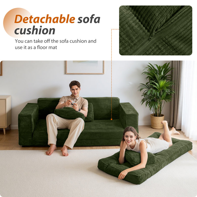 Canapé Bean Bag, causeuse de plancher, H 29,5 po x l 74,8 po x P 33,5 po, Velours côtelé vert foncé