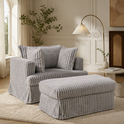 Chaise longue en velours côtelé confortable surdimensionnée avec repose-pieds mobile, siège inclinable profond pour une détente et un décor polyvalent