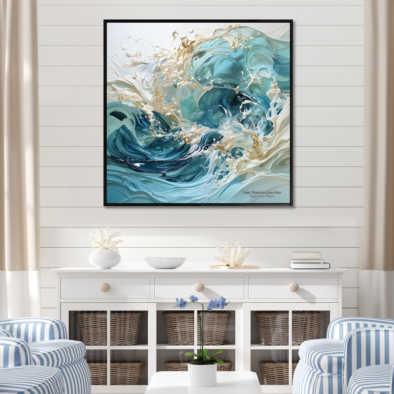 «Ocean Charm», art de vague liquide, H 30 po x l 30 po x P 1 po, Cadre flottant noir