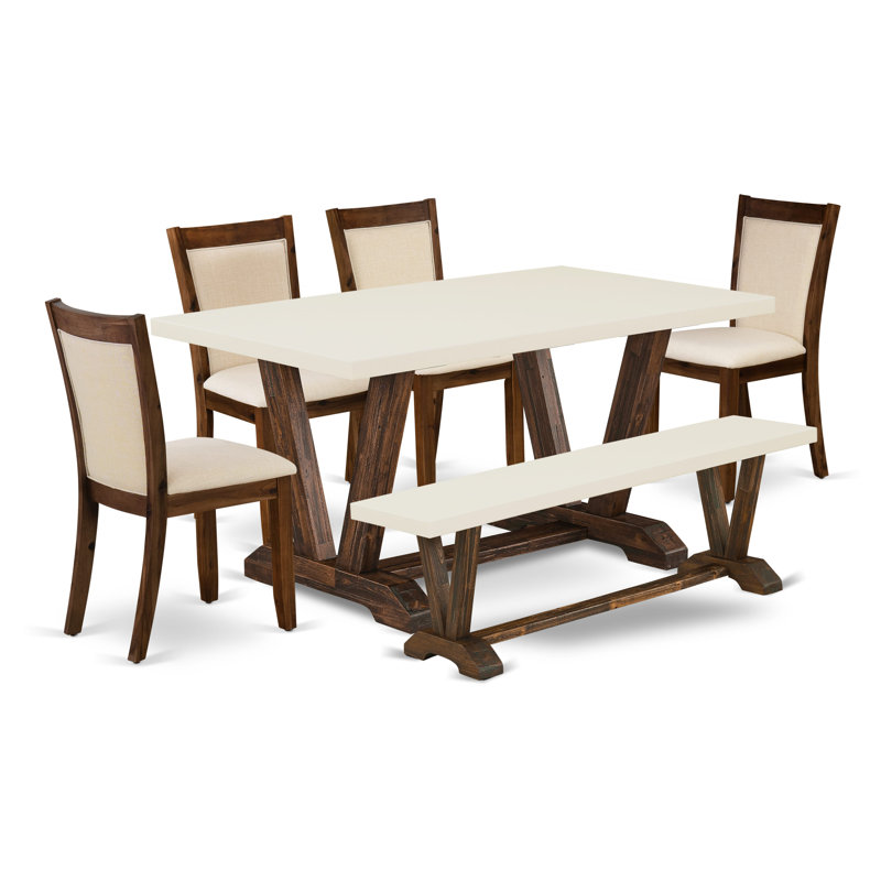 6-Piece Table Set Consists of a Linen White (Off-White) Dining Table a Small Bench and 4 Light Beige Linen Fabric Dining Chairs with High Back - Distressed Jacobean Finish