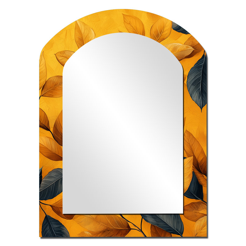 Mustard Autumn Leaves Embrace I - Leaves Asymmetrical Unique Wall Mirror, Traditional Arch Mirror, Printed Metal Art