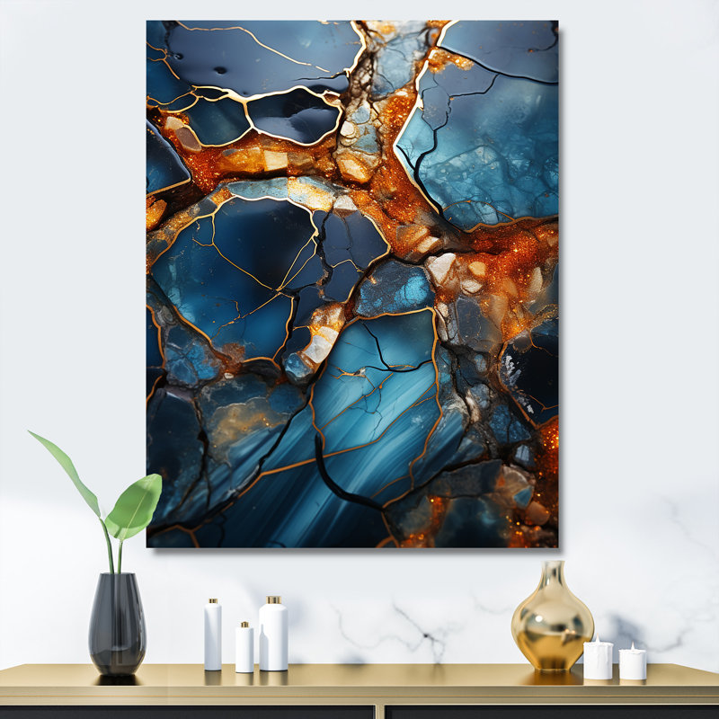 Or et mosaïque de marbre bleu agate IV, Toile tendue, 20" H x 12" W