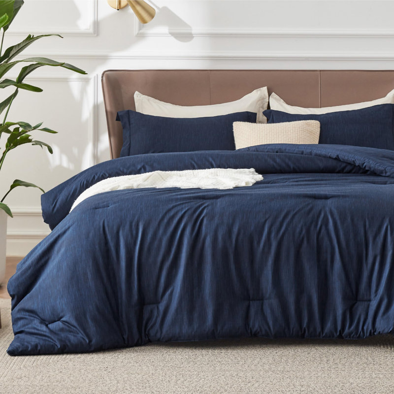 Bedsure Cationic Dyed Printed Comforter Set, Navy, Oversized Queen Comforter + 2 Standard Shams