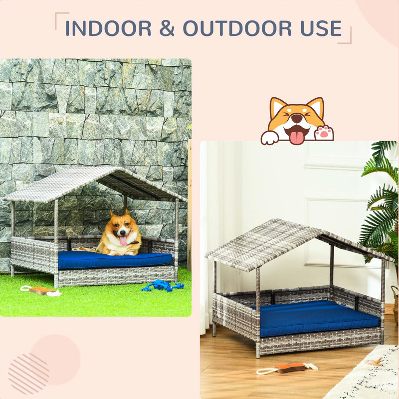 Niche pour chien avec auvent - pour les chiens de petite à moyenne taille, auvent bleu, coussin d'eau foncé, fond surélevé