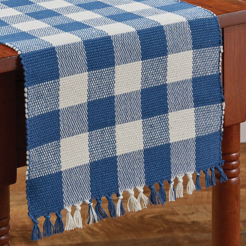 Serles Rectangular Checkered Table Runner, Blue/White, 54" x 13"