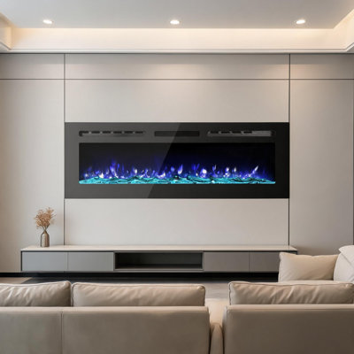 60" Smart Electric Fireplace, Ultra-Thin 5" Wall Mounted & Recessed Heater 12 Colors, Remote & 8H Timer