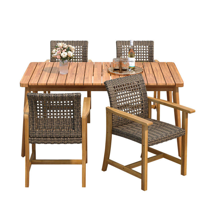 Veridian 5-Piece Outdoor Patio Dining Set With Acacia Wood Table & PE Rattan Chairs