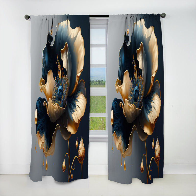 Rideau occultant floral bleu foncé et doré fleur simple II, L 52 po x L 108 po