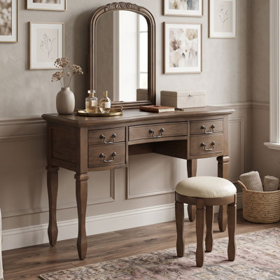 Vanity Set with Mirror, 5 Drawers and Upholstered Stool