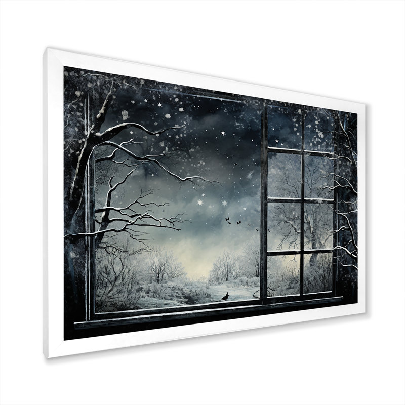 «Midnight Gothic Winter Window View II - Winter Landscape», art mural, Cadre de coin blanc fermé, H 24 po x l 32 po x P 1 po