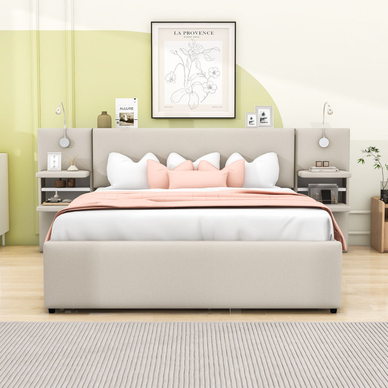 Grand lit plateforme tapissier en lin avec lumières de lecture intégrées et grand rangement, Beige
