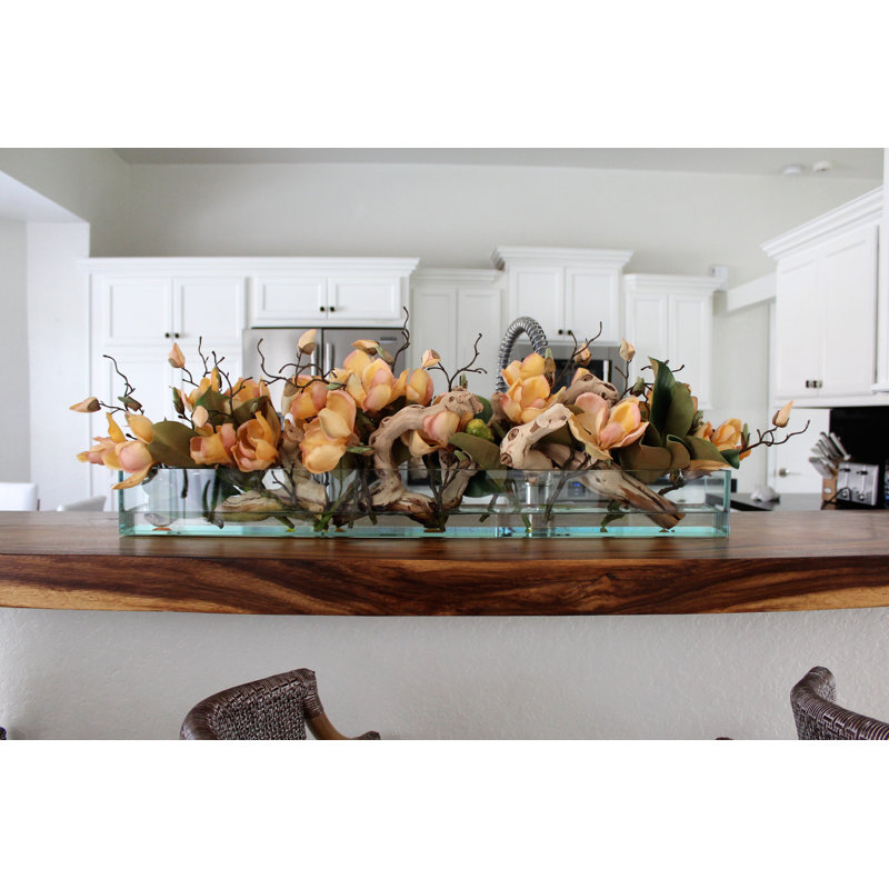 Glass Plate Magnolia Floral Arrangement And Centerpiece In Planter, 10" H x 24" W x 7" D, Peach