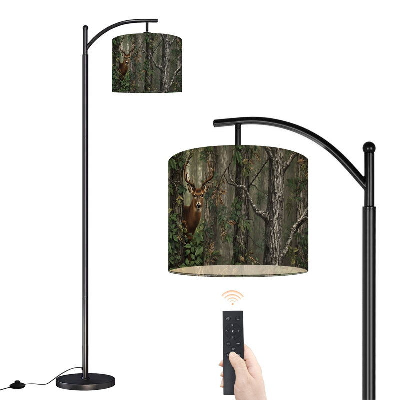Lampe sur pied à arc avec abat-jour réglable camouflage camouflage caché dans la forêt, feuilles, chasse, faune, lampe sur pied, 3 températures de couleur, intensité variable, grand mât avec interrupteur au pied pour la chambre à coucher