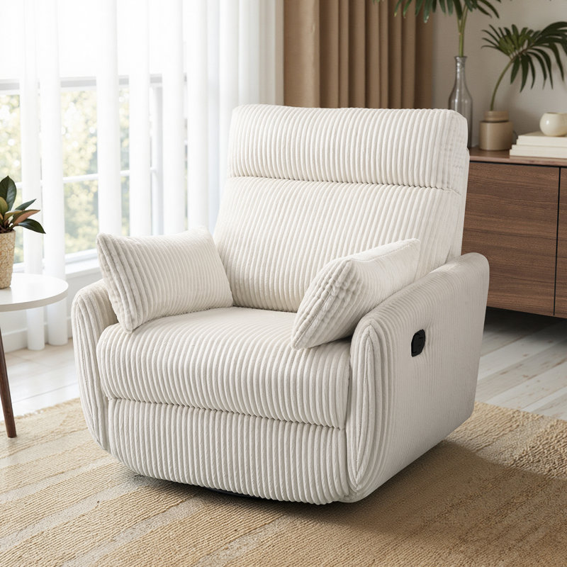 37.5 Inch Modern Swivel Glider Recliner With Footrest And Adjustable Backrest,Soft Plush Corduroy Fabric, White