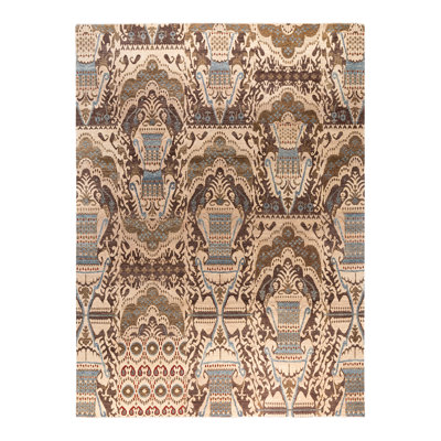 Tapis noué à la main de conception unique Ikat - ivoire, 9 pi 1 po x 12 pi 3 po