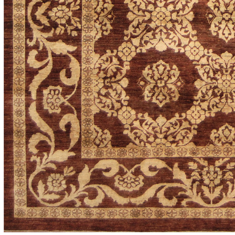 Tapis géométrique brun en laine noué à la main 8 pi 10 po x 11 pi 9 po Geometric