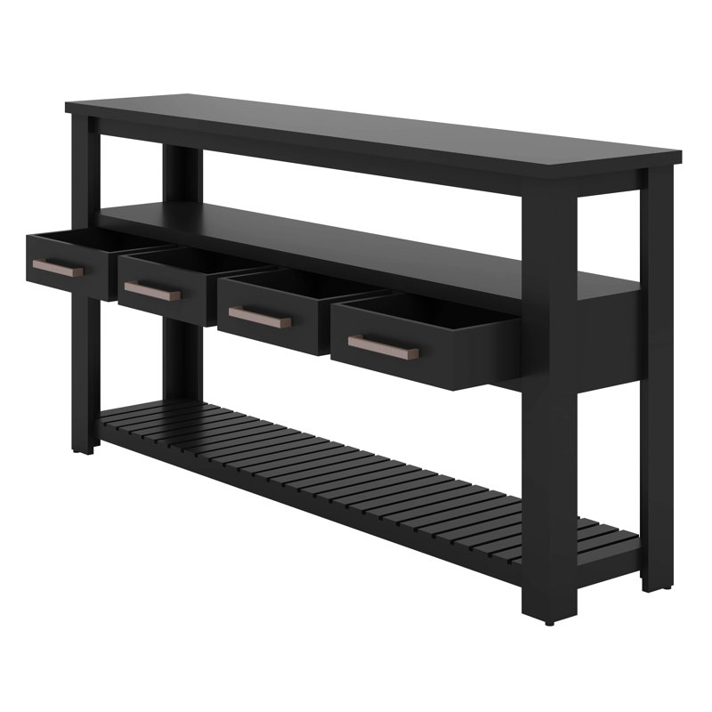 Grande console de 62,2 pouces avec 4 tiroirs, tablettes ouvertes à 3 niveaux, poignées en métal et pieds réglables, Noir