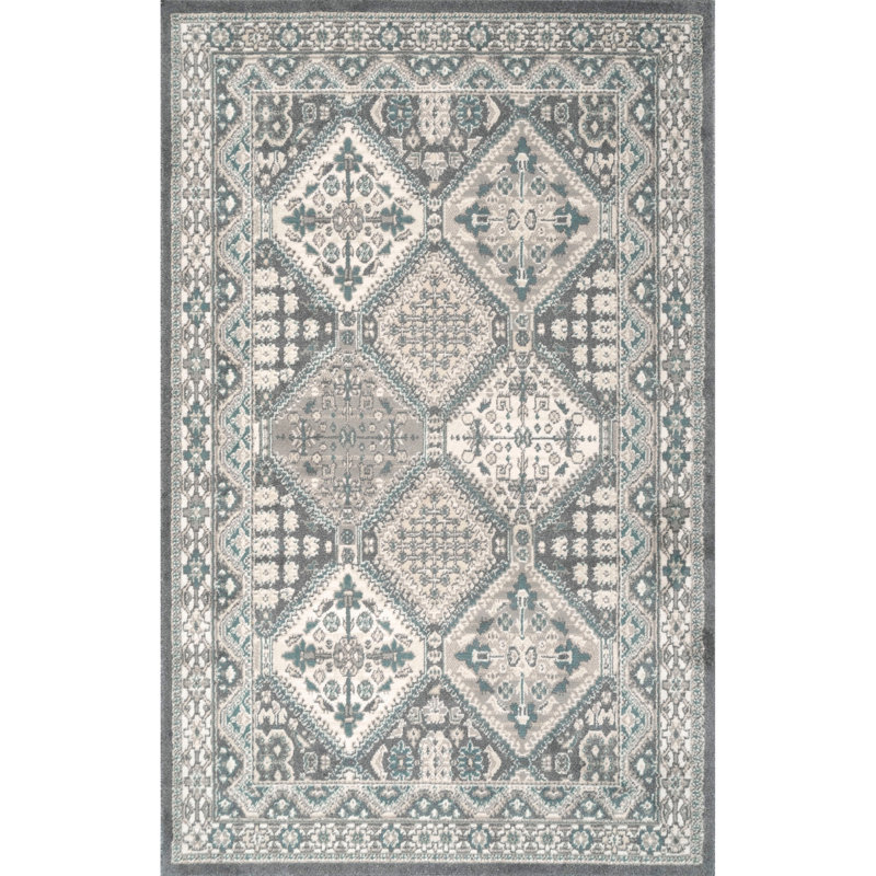 Joslyn Traditional Tiled Performance Gray/Blue Rug, Rectangle 8' x 10'