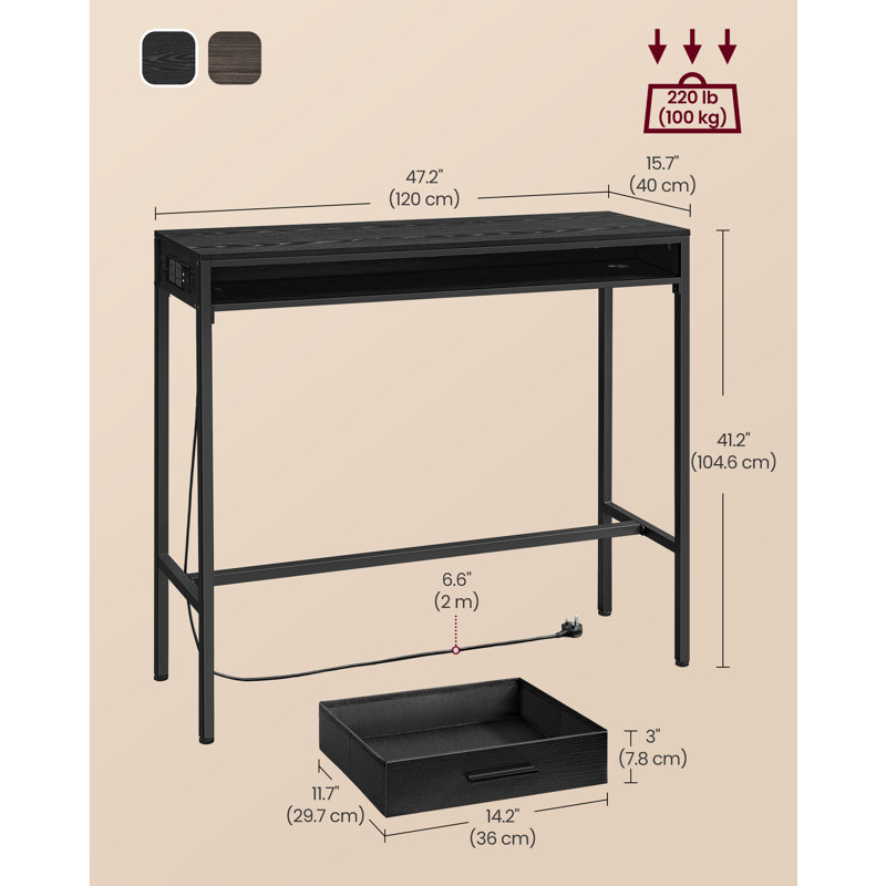 Bar Table With Power Outlet, 41.2"H x 47.2"L x 15.7"W, Ebony Black