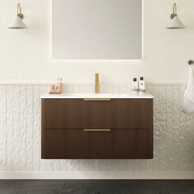 36" Bathroom Vanity with Sink, Floating Ultra-Pinstriped Plywood Storage Cabinet with Drawers, Carrara White Sintered Stone Hot-bent Integrated Basin,