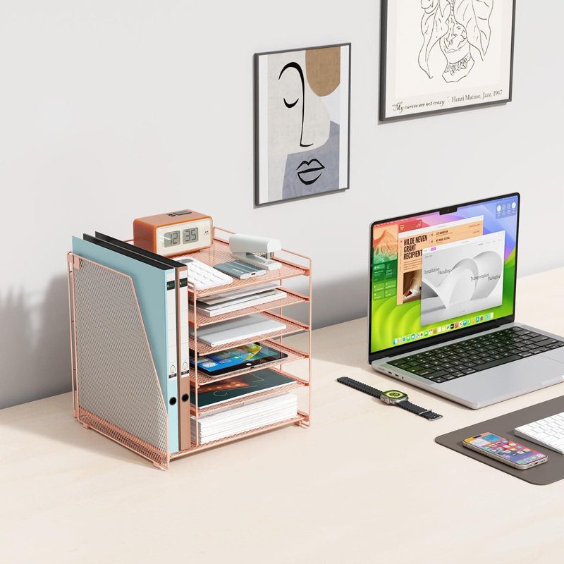 Rose Gold 6-Tier Desk Organizer for Women: With Magazine Rack & Office Desk Decor, Rose Gold
