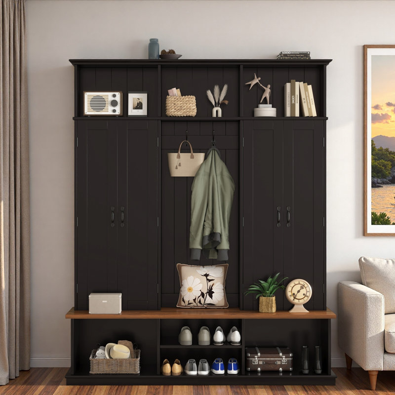 Hall Tree With Bench, Top Cubbies, Bottom Storage Space, Cabinets And Hooks, Black