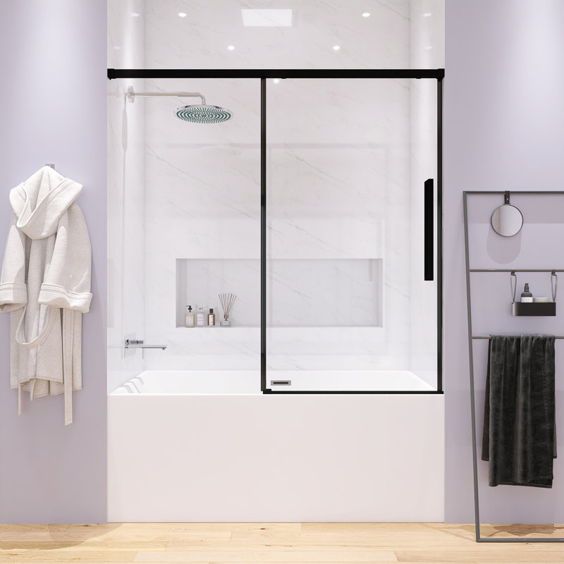 60" X 58" Sleek Silent Single Sliding Semi-Frameles Bathtub Door, 1/4" Thick Tempered Clear Glass