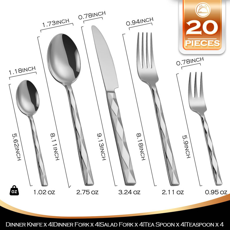 Ensemble de couverts 20 pièces - Argenterie luxueuse en acier inoxydable pour 4, lavable au lave-vaisselle, Argent argent