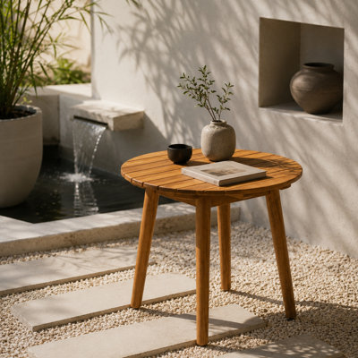 Solid Acacia Wood Round Table, 21.65" Small Wooden Patio Table
